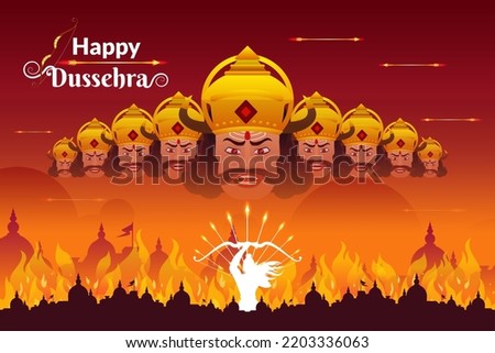 Indian festival Dussehra greeting with Ravana evil heads showing social evils. Royalty-Free Stock Photo #2203336063