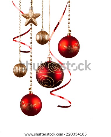 Christmas red balls hanging with ribbon bows isolated on white background 