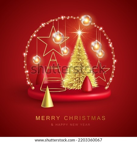 Christmas holiday background with realistic 3D plastic Christmas trees. Merry Christmas and Happy new Year greeting card. Vector illustration