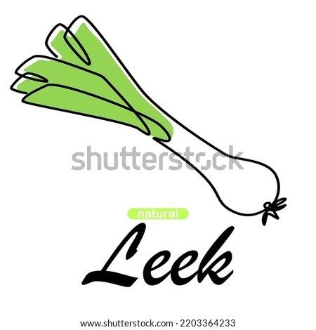 Green leek. One line vegetables collection. Natural plant cooking raw ingredient. Healthy vegan nutrition. Vitamin fresh vegetarian product. Outline element and text. Vector illustration Royalty-Free Stock Photo #2203364233