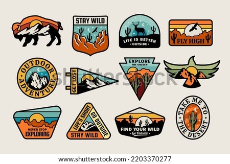 Set of outdoor adventure vector badges. Graphics for t-shirt prints, stickers, posters and other uses. Royalty-Free Stock Photo #2203370277