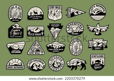 Set of outdoor adventure vector badges. Graphics for t-shirt prints, stickers, posters and other uses. Royalty-Free Stock Photo #2203370279