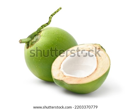 Coconut fruit with cut in half isolated on white background. Clipping path. Royalty-Free Stock Photo #2203370779