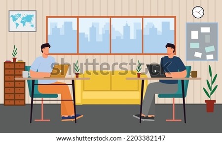 Set of vector illustrations with flat characters employees working in office workplace or workstation. People work at computers and laptop in modern interior behind furniture and open window. Royalty-Free Stock Photo #2203382147