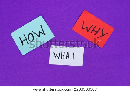 How, What and Why Questioning Words Notes Isolated on Blue Background, Inquiry or Asking Conceptual Photo