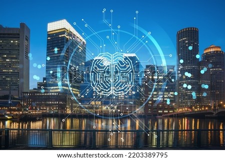 City view panorama of Boston downtown Harbor and Seaport Blvd at night time, Massachusetts. Hologram of Artificial Intelligence concept. AI and business, machine learning, neural network, robotics