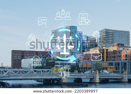 Panorama city view of Boston Harbor at day time, Massachusetts. Buildings of financial downtown. Glowing hologram legal icons. The concept of law, order, regulations and digital justice.