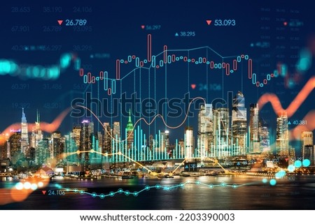 New York City skyline from New Jersey over the Hudson River with Hudson Yards at night. Manhattan, Midtown. Forex candlestick graph hologram. The concept of internet trading, brokerage, analysis