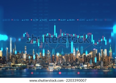 New York City skyline from New Jersey over Hudson River with skyscrapers at night, Manhattan, Midtown, USA. Forex graph hologram. The concept of internet trading, brokerage and fundamental analysis