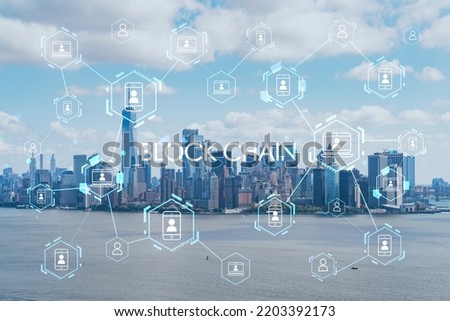 Aerial panoramic helicopter city view of Lower Manhattan and Downtown financial district, New York, USA. Decentralized economy. Blockchain, cryptography and cryptocurrency concept, hologram