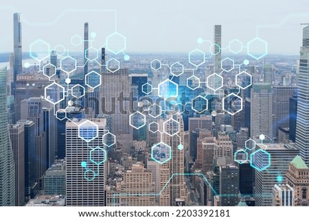 Aerial panoramic city view of Upper Manhattan and Central Park, New York city, USA. Iconic skyscrapers of NYC. Decentralized economy. Blockchain, cryptography and cryptocurrency concept, hologram