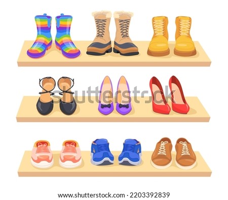 Shelf shoes. Shelves closet shoe rack, store showcase fashion dressing wardrobe for pair elegant women or sport boot, advertising footwear shop collection vector illustration of rack shoes accessories Royalty-Free Stock Photo #2203392839