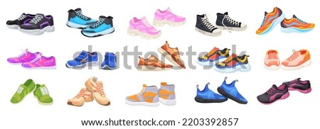 Cartoon athletic sneakers. Sport shoe pair group, fitness footwear design multicolored sneaker of active man woman walking or running comfortable footwear, neat vector illustration of footwear fashion Royalty-Free Stock Photo #2203392857