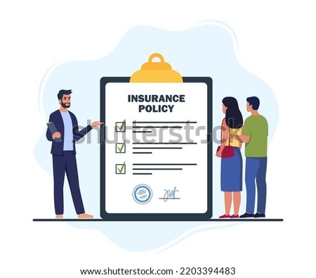 Insurance agent presenting service making deal with client family couple. Insurance policy on clipboard. Contract policy agreement. Vector illustration Royalty-Free Stock Photo #2203394483