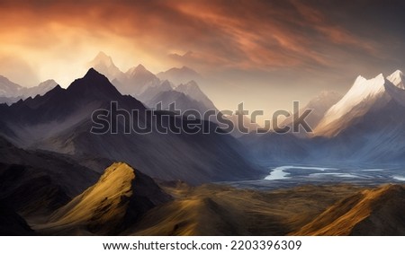 Sunset View of the Himalayas Near the Himalayan Mountain Mt Everest - Dramatic mountains and peaks with high altitude lake and river Royalty-Free Stock Photo #2203396309