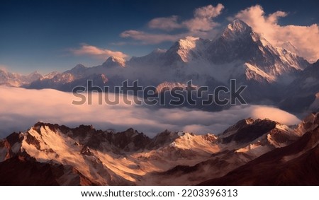 Sunset View of the Himalayas Near the Himalayan Mountain Mt Everest - Everest peak visible in the distance with fog rolling into the valley Royalty-Free Stock Photo #2203396313