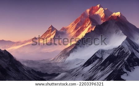 Sunset View of the Himalayas Near the Himalayan Mountain Mt Everest - epic shot of the sun hitting the cliff with fog and snow covering sections Royalty-Free Stock Photo #2203396321