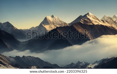 Sunset View of the Himalayas Near the Himalayan Mountain Mt Everest - Fog rolling into the valley under the snow capped mountains Royalty-Free Stock Photo #2203396325