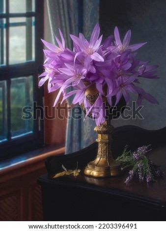 Still life with bouquet of zephyranthes flowers