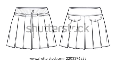 Set of Pleated Skirts technical fashion illustration. Mini Skirts fashion flat drawing template, pleated, pockets, elastic waistband, side zip up, front view, white, CAD mockup set. Royalty-Free Stock Photo #2203396525