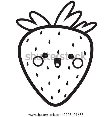 Cute strawberry clip art, kawaii fruit, strawberry vector, black line, cute face, isolated on white background, suitable for prints, postcards, stickers, patterns, website elements, cut elements