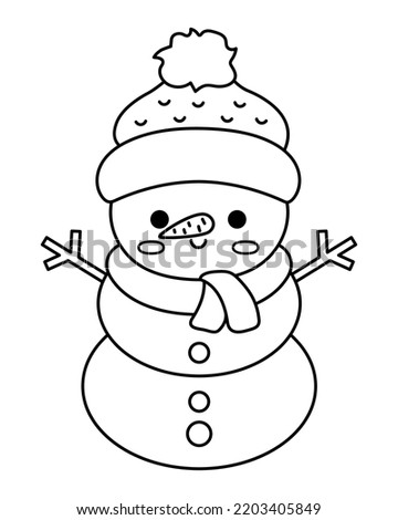 Vector black and white kawaii snowman in hat and scarf. Cute Christmas character illustration isolated on white background. New Year or winter smiling snow man. Funny line icon, coloring page
 Royalty-Free Stock Photo #2203405849