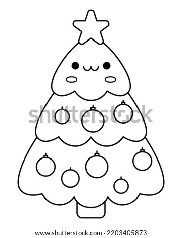 Vector black and white kawaii Christmas tree with star. Cute fir tree character illustration isolated on white background. New Year or winter smiling symbol. Funny line icon, coloring page
 Royalty-Free Stock Photo #2203405873