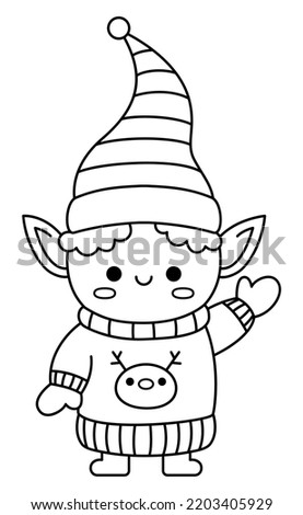 Vector black and white kawaii elf in hat, mittens and sweater. Cute Christmas character illustration isolated on white. New Year or winter smiling dwarf. Funny line icon, coloring page
 Royalty-Free Stock Photo #2203405929