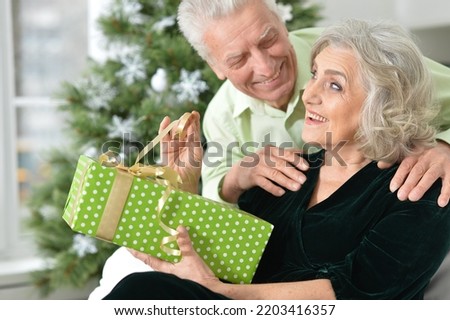 Beautiful elderly couple celebrating new year together at home