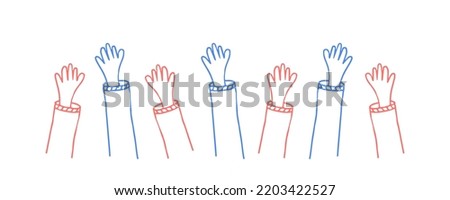Volunteers and charity work. Raised helping hands. Vector hand drawn doodle illustrations with a crowd of people ready and available to help and contribute. Positive foundation, business, service.