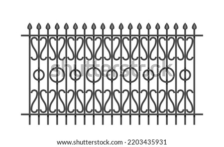 Metallic steel fence for balcony railing modular sections from forged metal isolated on white background. Retro elegant forged fence. 3s realistic vector illustration