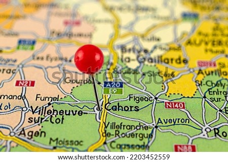 Cahors map. Close up of Cahors map with red pin. Map with red pin point of Cahors in France.