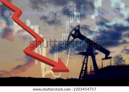 Crude oil Extraction graph of falling oil prices on trading exchange. Crude oil pump jack. Fossil crude output. Oil drill rig oilfield. European sanctions on Russia because of the war in Ukraine.