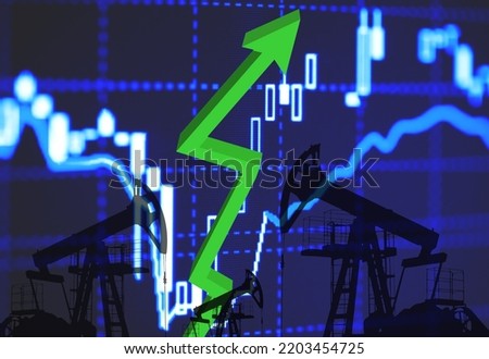 Oil price increase chart on trading exchange. Crude oil pump jack. Fossil crude output. Oil drill rig oilfield. European sanctions on Russia because of the war in Ukraine. Oil prices on trading.