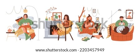 Set of smiling girls in warm clothes resting in armchairs, holding cups of warm drink. Blankets, cusions, cats, books, candles, fireplace, lights. Cosy hygge aesthetics. Female characters Royalty-Free Stock Photo #2203457949