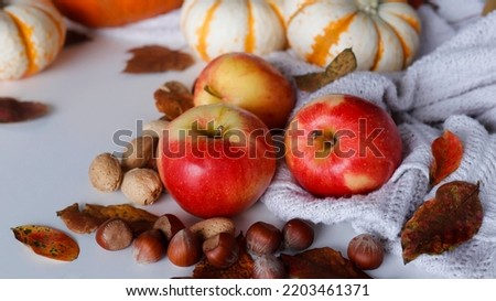 food of the autumn. Red apples, nuts and pumpkins on the table