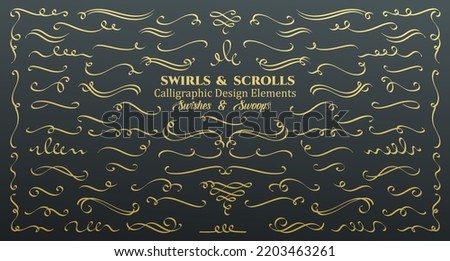 Gold swirls and scrolls set vector illustration. Golden calligraphic flourishes and vintage line swashes with hand drawn vignettes, elegant dividers and underlines, victorian swirly filigree borders Royalty-Free Stock Photo #2203463261