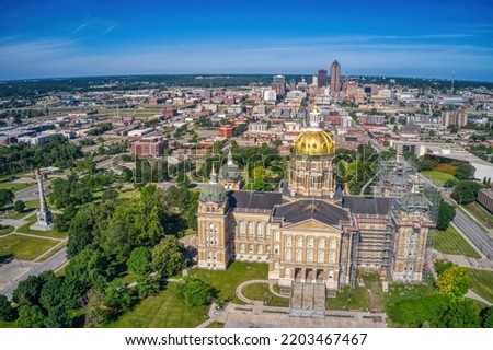 Aerial View of the Iowa State Capitol Building with Des Moine Skyline Royalty-Free Stock Photo #2203467467