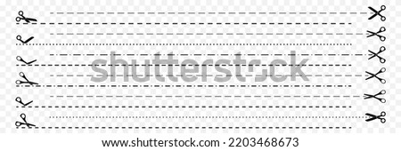 Paper cut icon with dotted line. Vector scissors with cut lines. Vector set of cutting scissors. Royalty-Free Stock Photo #2203468673