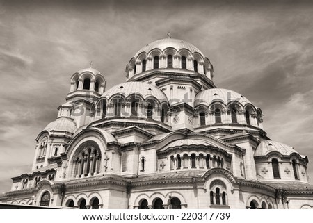 Sofia, Bulgaria - Alexander Nevsky Orthodox Cathedral. Neo-Byzantine architecture. Oborishte district. Sepia tone - filtered monochrome photo.
