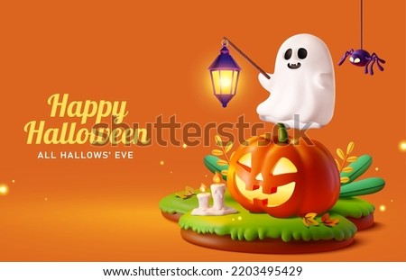 3D rendering cute ghost holding lantern floating above jack o lantern on round grass patches on orange background