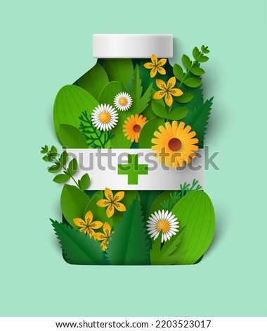 Herbal pills advertising poster. Alternative medicine papercut vector. Homeopathic treatment and phytotherapy concept. Huge remedy bottle with green leaves or natural ingredients illustration Royalty-Free Stock Photo #2203523017