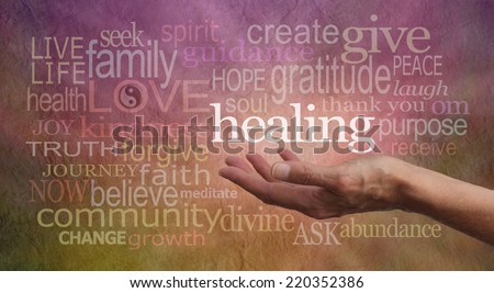 High Resonance Healing Words Website Banner - Female Healer's outstretched open hand surrounded by random wise healing words on a rustic stone effect background 