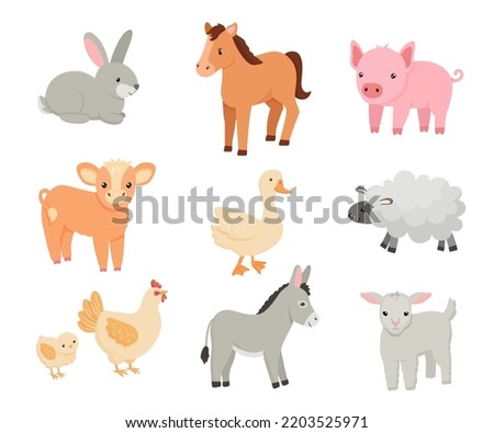 Cute cartoon chicken, donkey, pig, sheep and horse. Vector flat cartoon illustration isolated on white background. Farm animals set