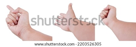 Male asian hand gestures isolated over the white background. pointing pose, beging pose, fist pose. FIRST PERSON VIEW. Royalty-Free Stock Photo #2203526305