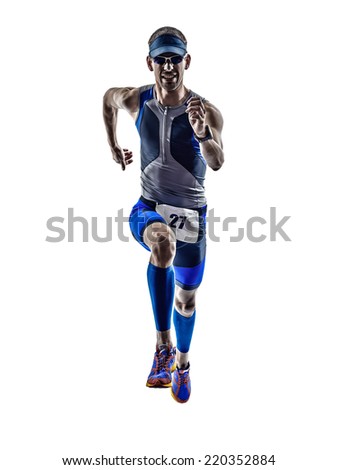 man triathlon iron man athlete runners running in silhouette on white background