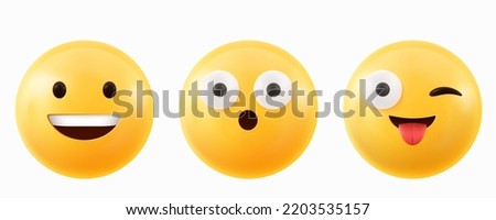 3d render emoji face, smile, show tongue and surprised wow emotions. Yellow naughty comic emoticon character smiling, teasing and fooling facial expression. Isolated funny app messenger vector icons Royalty-Free Stock Photo #2203535157