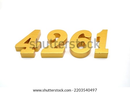  Number 4261 is made of gold-painted teak, 1 centimeter thick, placed on a white background to visualize it in 3D.                                 