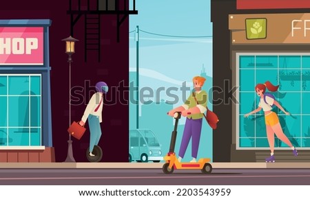 Eco transport cartoon poster with young people on personal electric transport on city street vector illustration