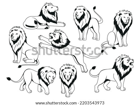 Flat heraldic lion icons set with monochrome predator in different poses isolated vector illustration
